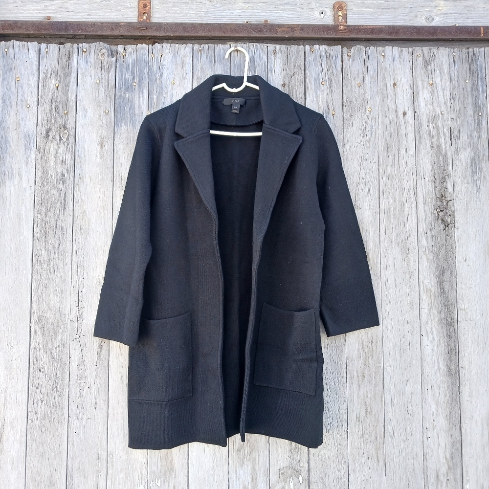 J.Crew Sophie Open Front Knit Sweater Blazer Womens Sz XXS Black Merino Wool